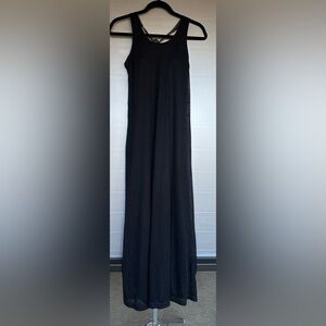 Athleta Black Mesh Gray Inside Long Dress Built in Bra Halter Ties Back Size XS